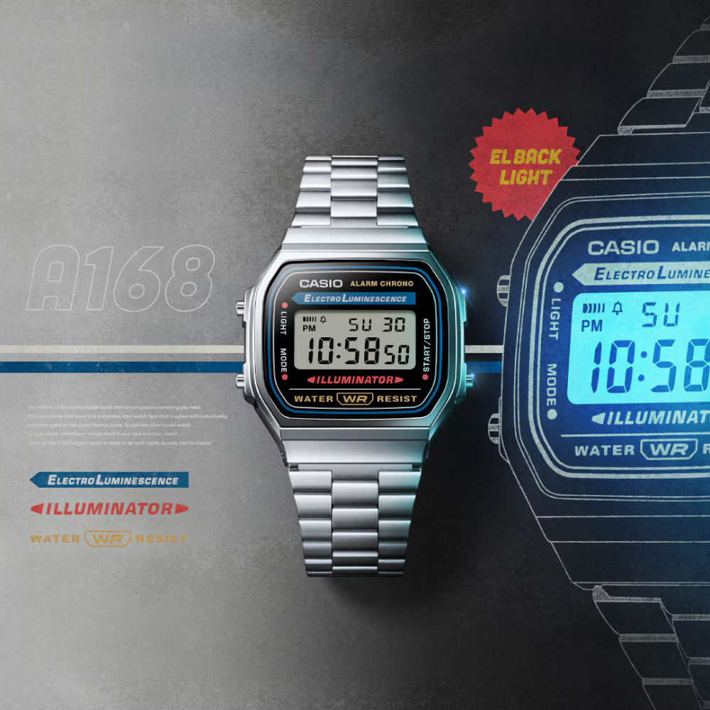 Casio A168WA-1WDF Vintage Digital Watch – Classic Silver Stainless Steel Retro LED Alarm