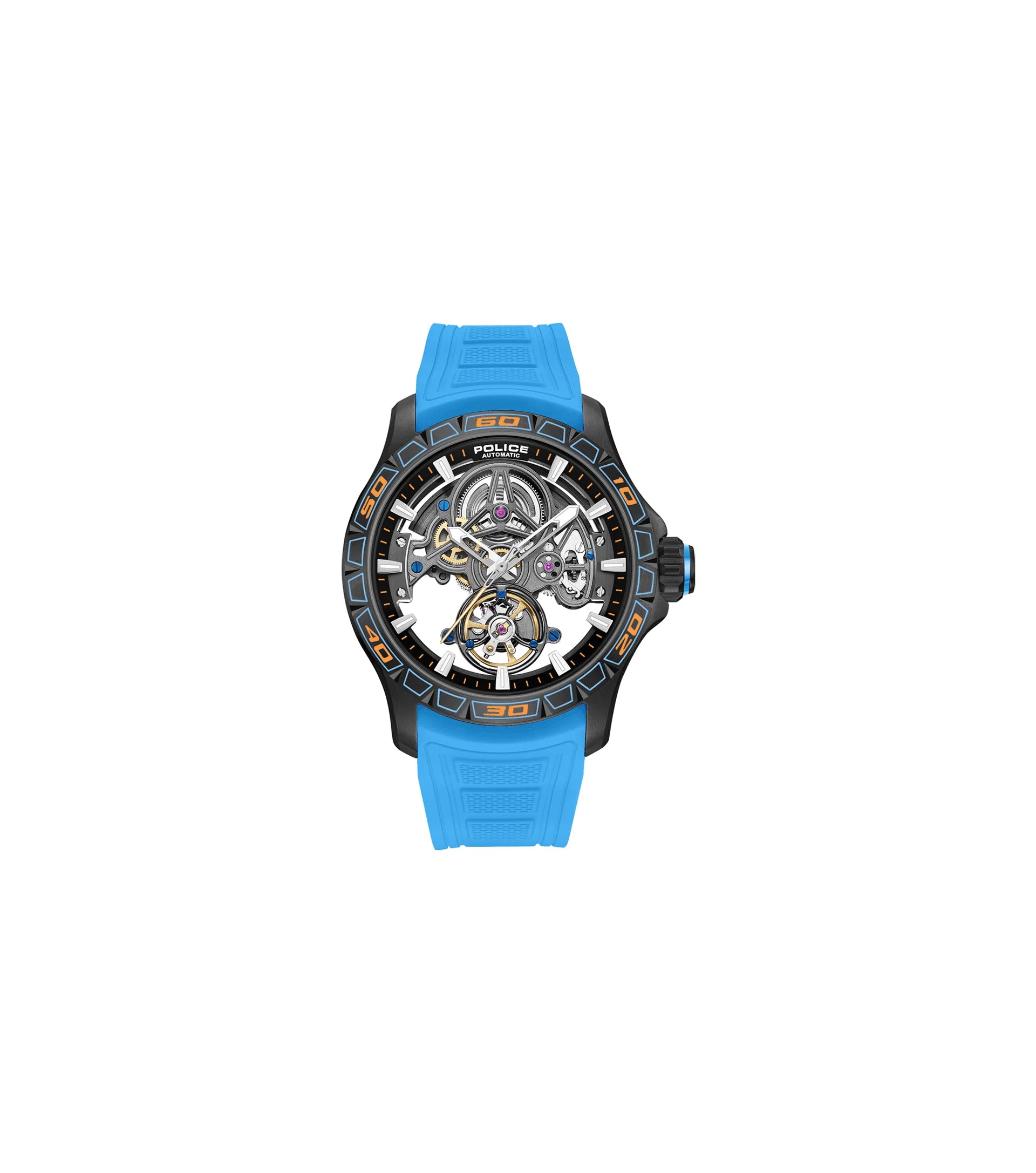 Police Spirit PEWGR0097804 Men's Automatic Skeleton Watch Blue Silicone Strap