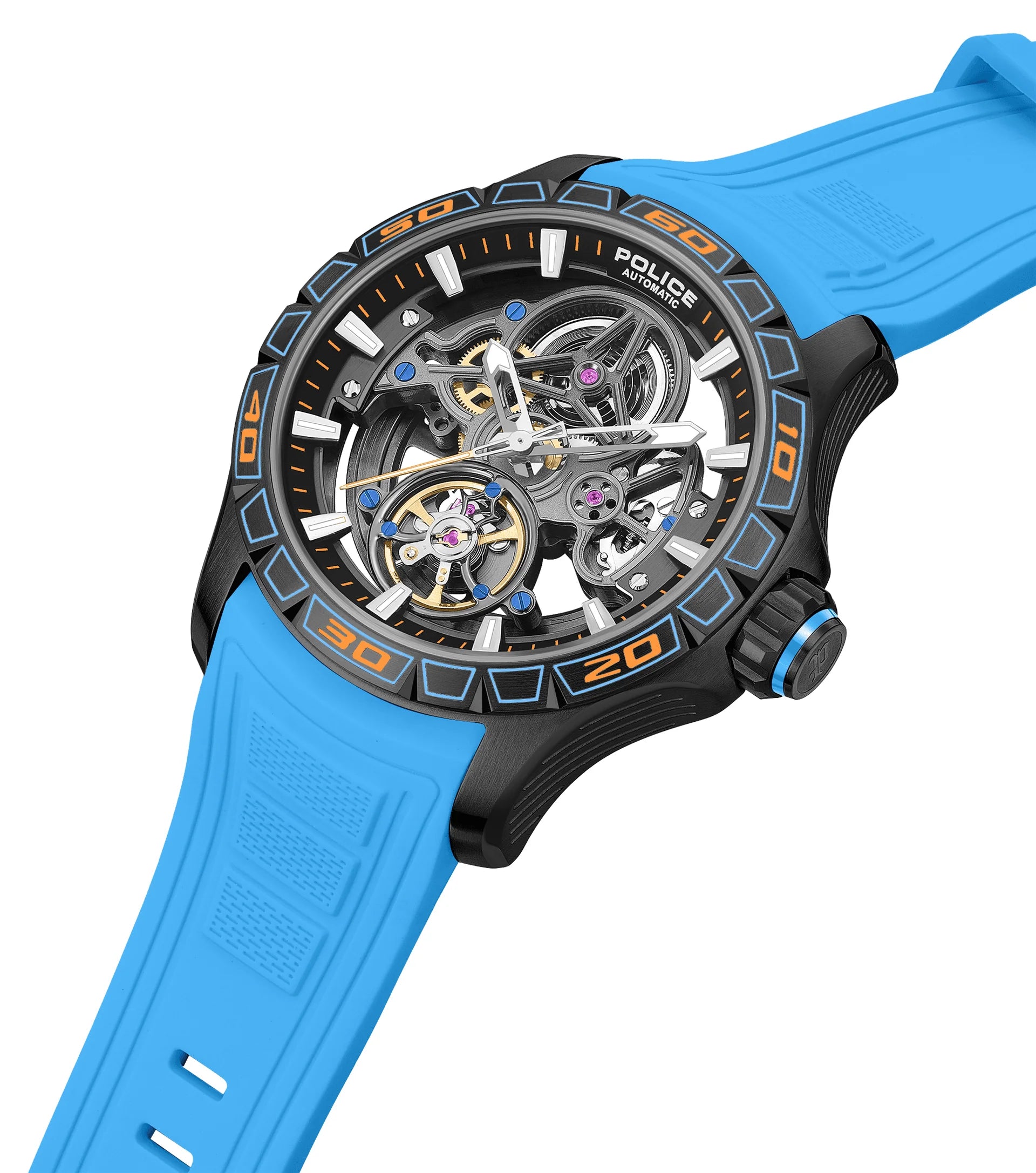 Police Spirit PEWGR0097804 Men's Automatic Skeleton Watch Blue Silicone Strap