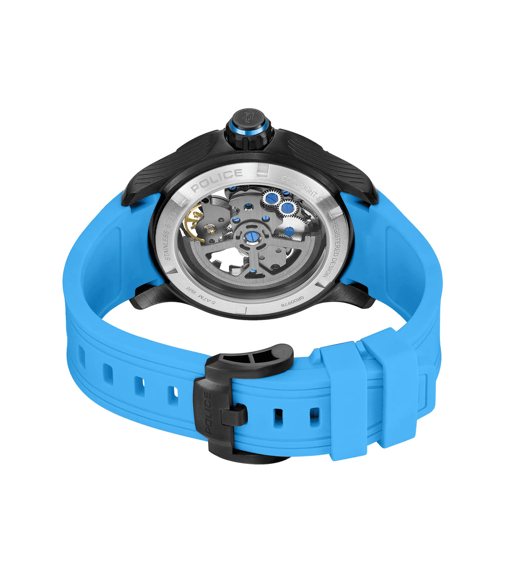 Police Spirit PEWGR0097804 Men's Automatic Skeleton Watch Blue Silicone Strap