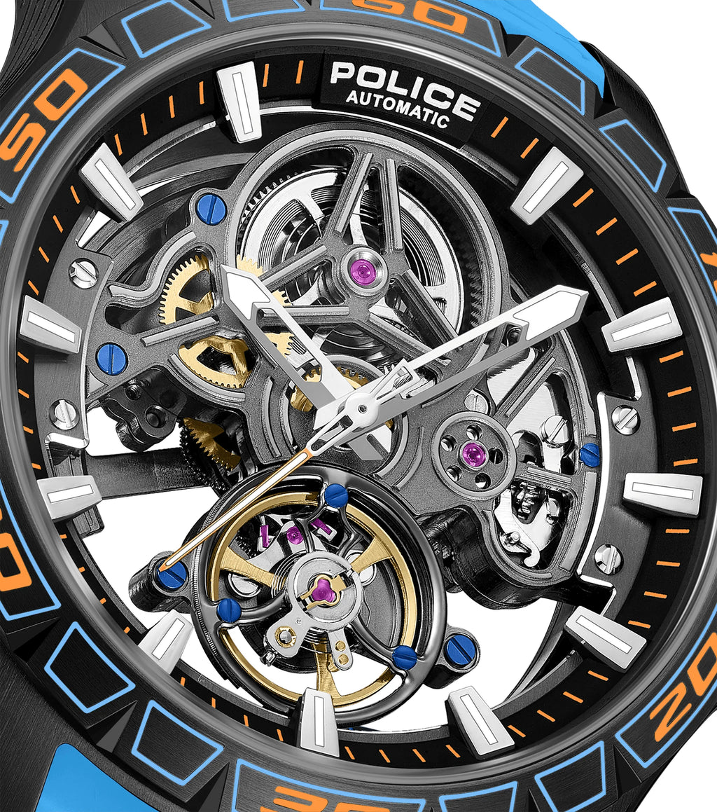 Police Spirit PEWGR0097804 Men's Automatic Skeleton Watch Blue Silicone Strap