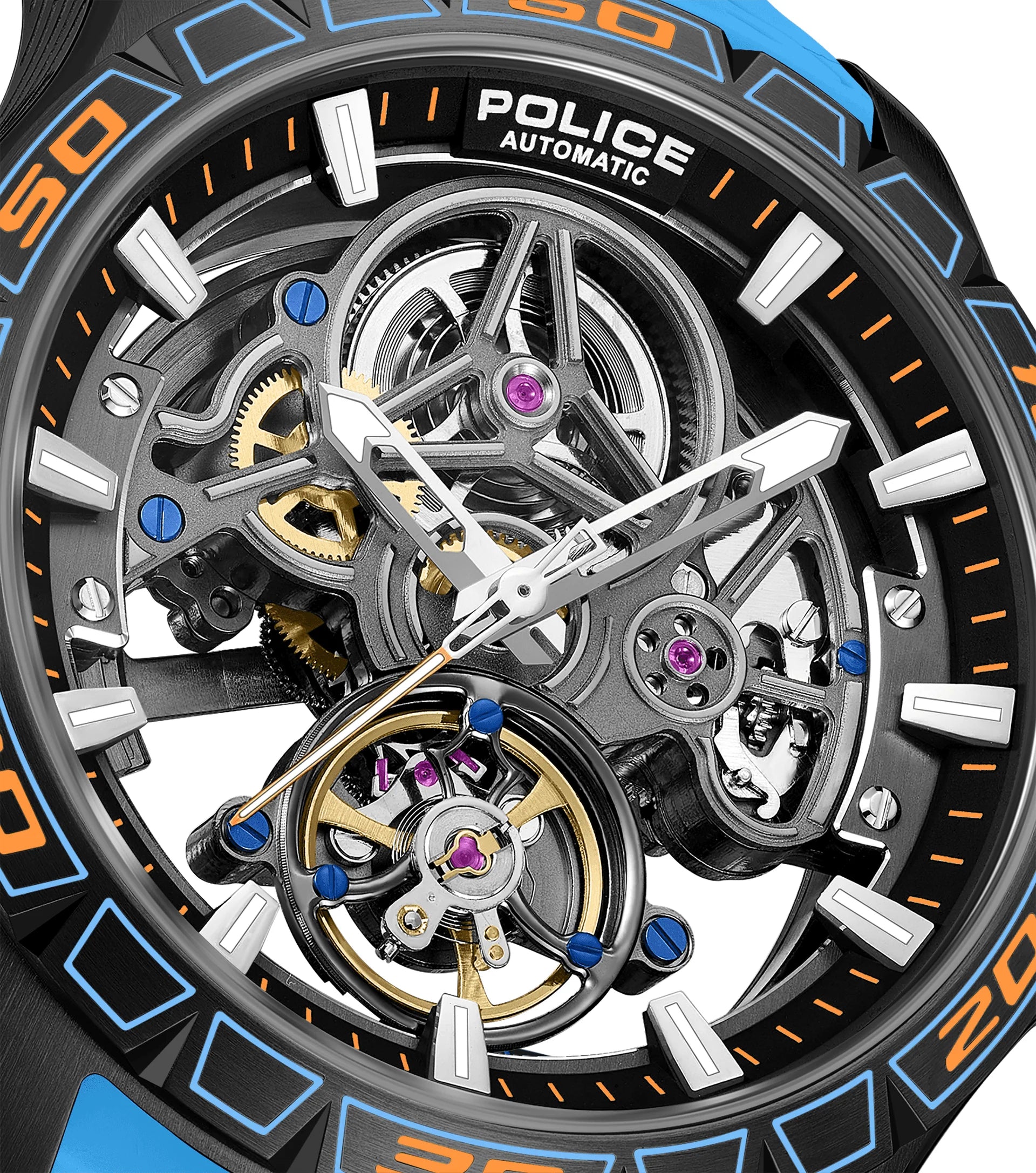 Police Spirit PEWGR0097804 Men's Automatic Skeleton Watch Blue Silicone Strap