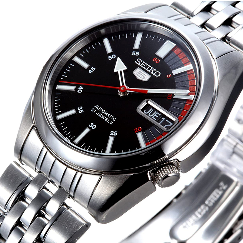 Seiko 5 Men's Black Dial Stainless Steel Automatic Watch - SNK375J1