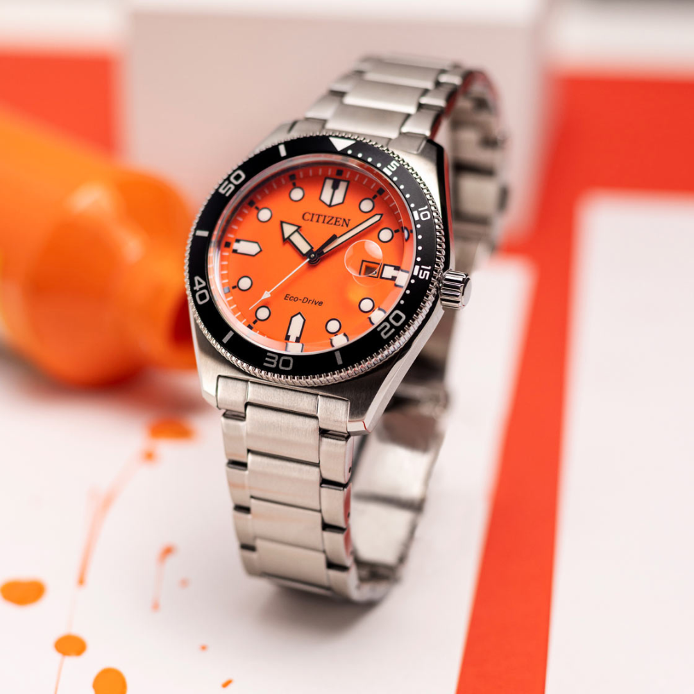 Citizen Eco-Drive Men's Watch AW1760-81X Orange Dial Stainless Steel Bracelet Solar Powered