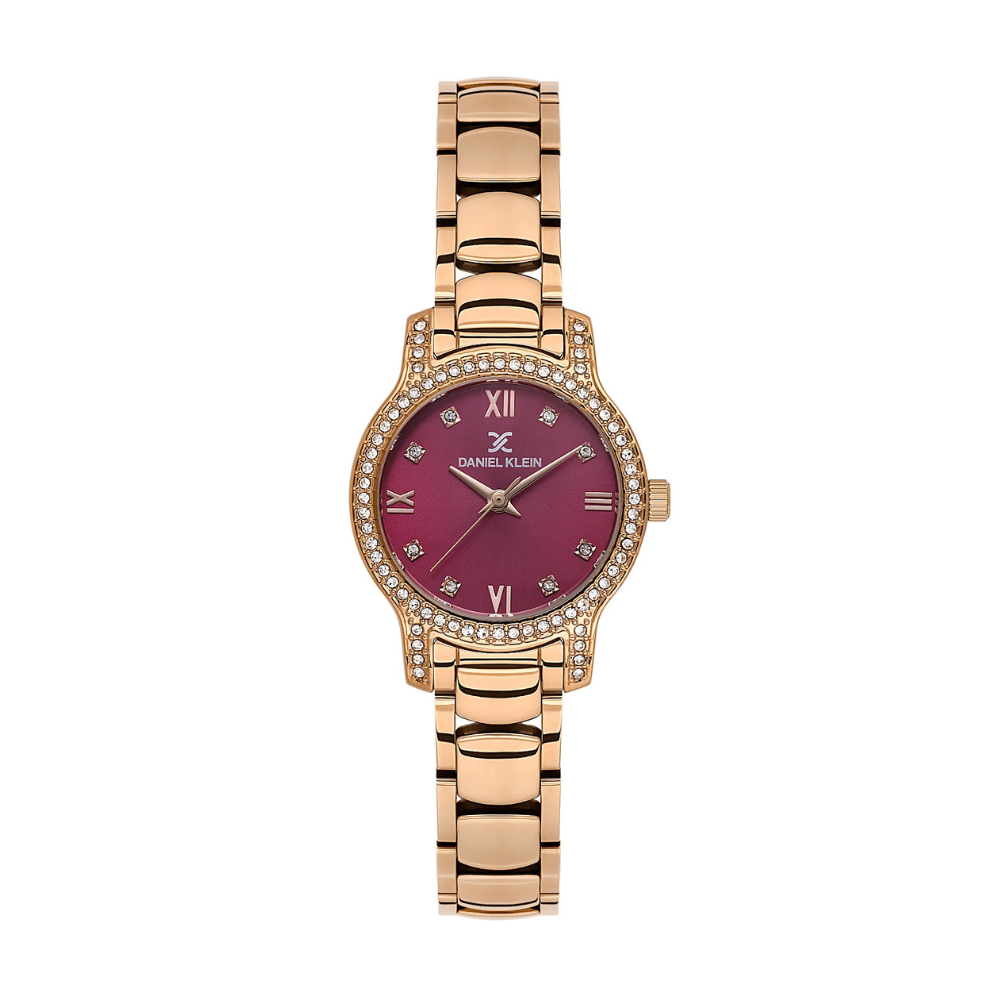Daniel Klein Dark Red Dial Pink Rose Gold Strap Women’s Analog Watch DK.1.14118-6