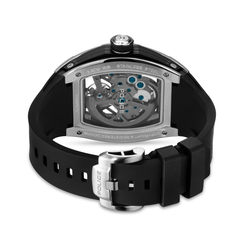 Police Tampa Men’s Automatic Watch – Black Skeleton Dial Silicone Strap