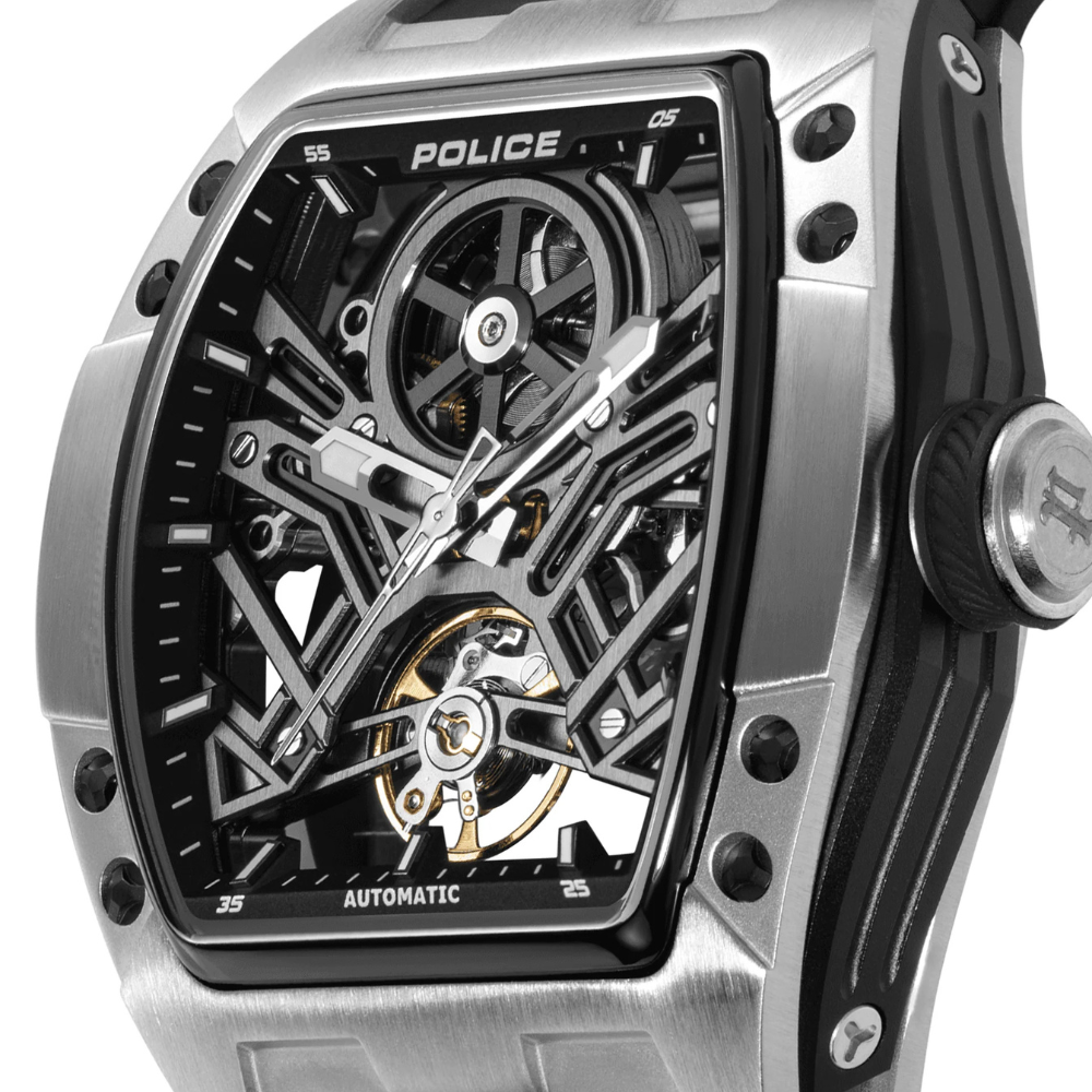 Police Tampa Men’s Automatic Watch – Black Skeleton Dial Silicone Strap