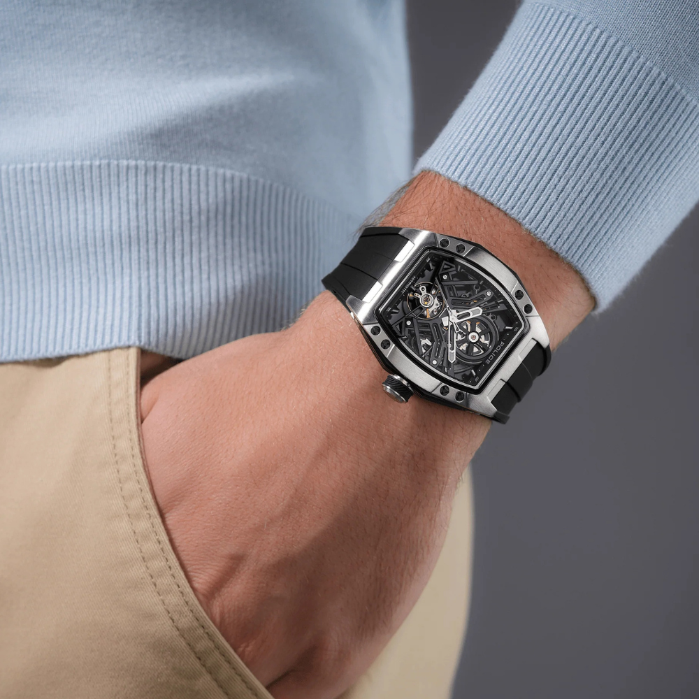 Police Tampa Men’s Automatic Watch – Black Skeleton Dial Silicone Strap