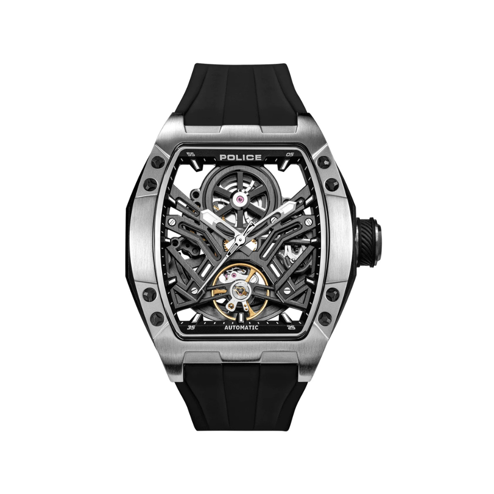 Police Tampa Men’s Automatic Watch – Black Skeleton Dial Silicone Strap