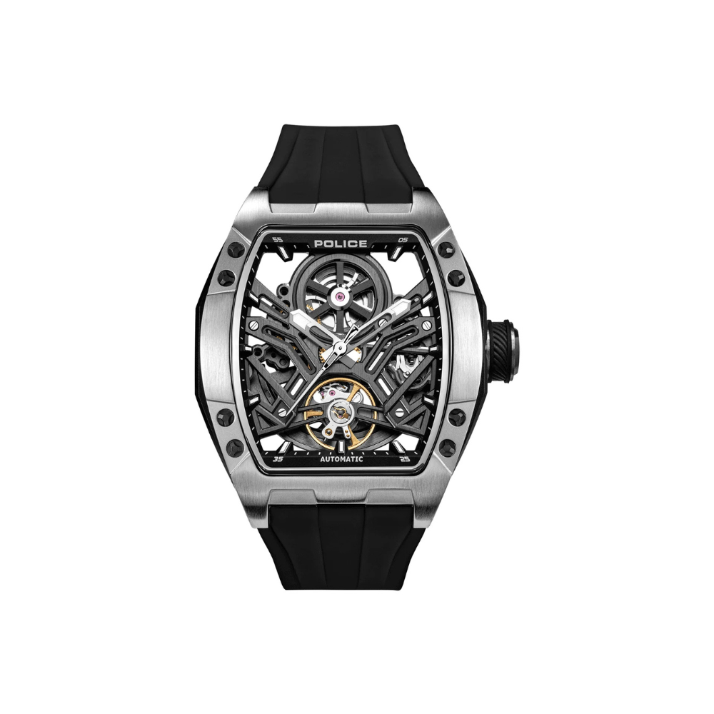 Police Tampa Men’s Automatic Watch – Black Skeleton Dial Silicone Strap