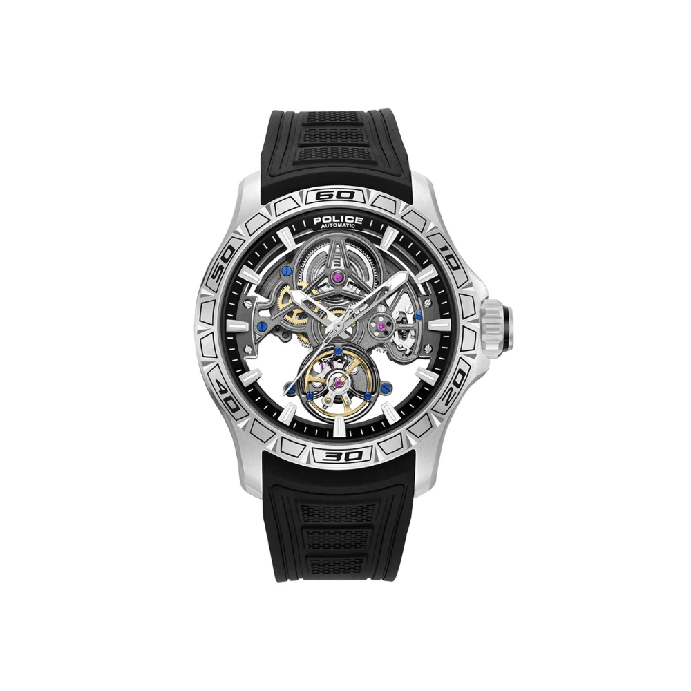 Police Spirit PEWGR0097801 Men's Automatic Skeleton Watch Black Silicone Strap