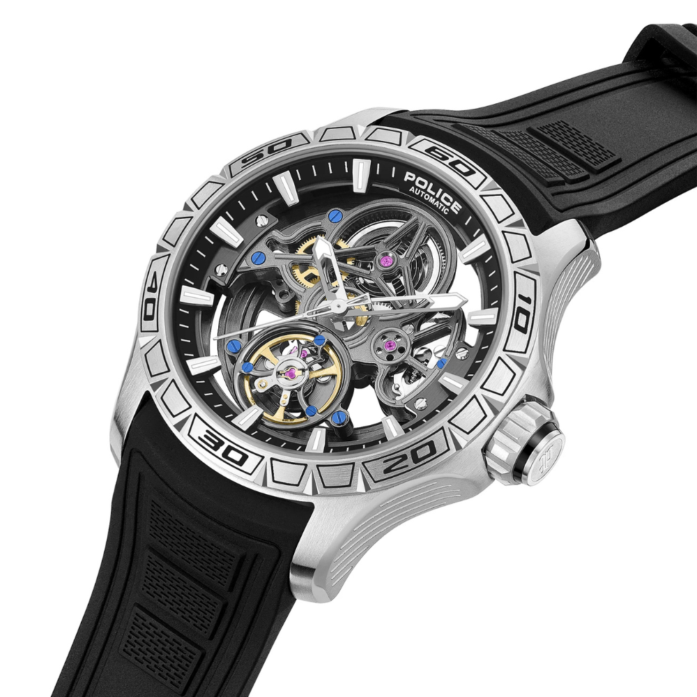 Police Spirit PEWGR0097801 Men's Automatic Skeleton Watch Black Silicone Strap