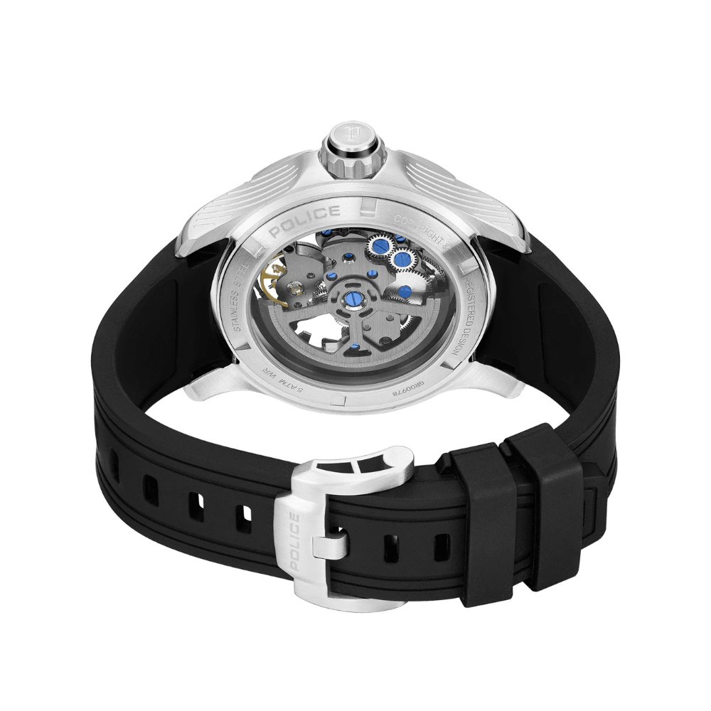Police Spirit PEWGR0097801 Men's Automatic Skeleton Watch Black Silicone Strap