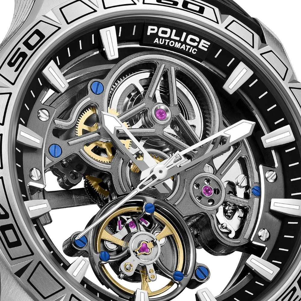 Police Spirit PEWGR0097801 Men's Automatic Skeleton Watch Black Silicone Strap