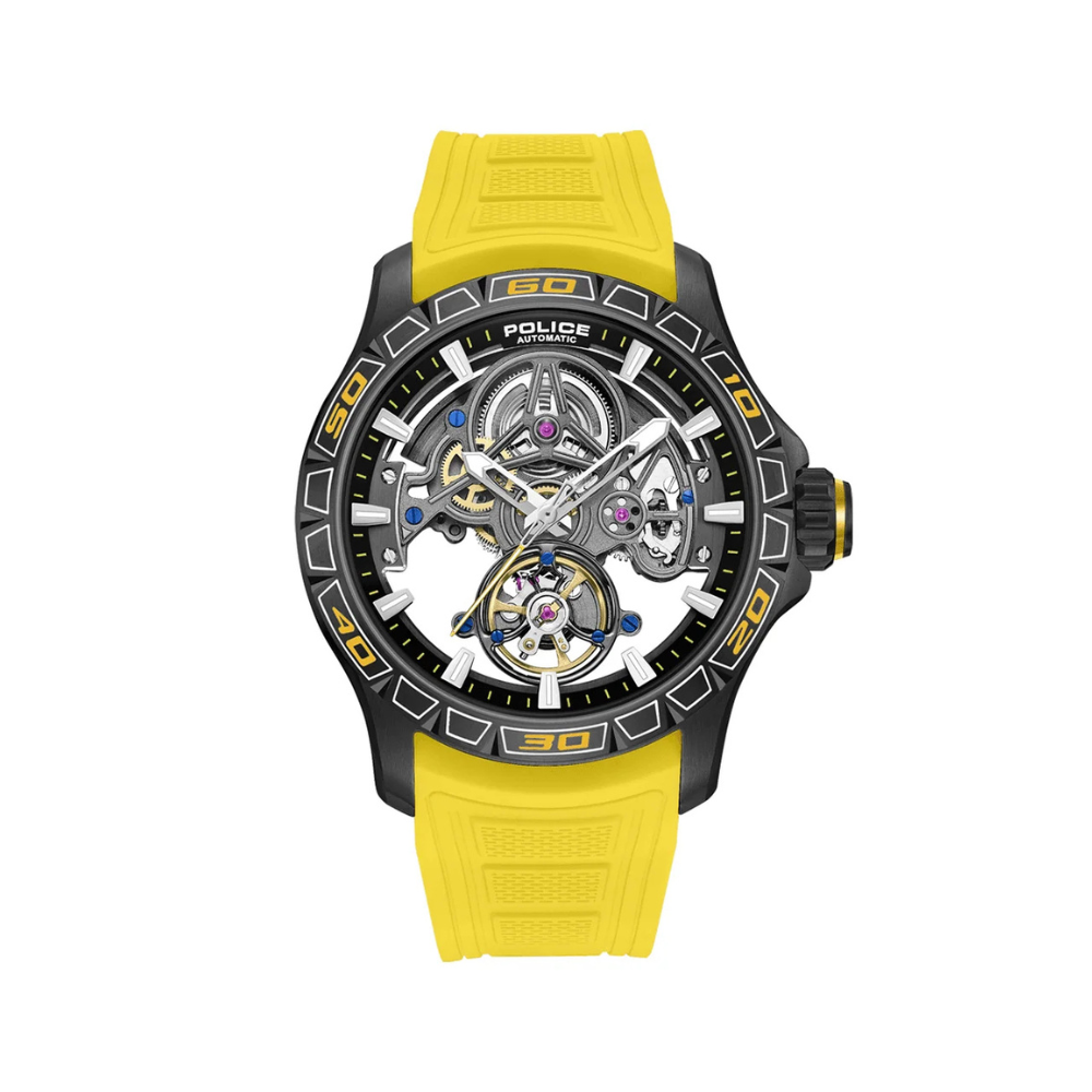 Police Spirit PEWGR0097805 Men's Automatic Skeleton Watch Yellow Silicone Strap