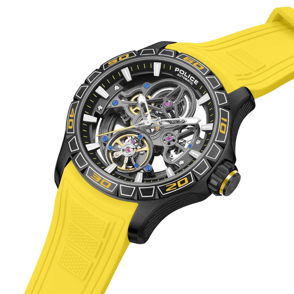 Police Spirit PEWGR0097805 Men's Automatic Skeleton Watch Yellow Silicone Strap