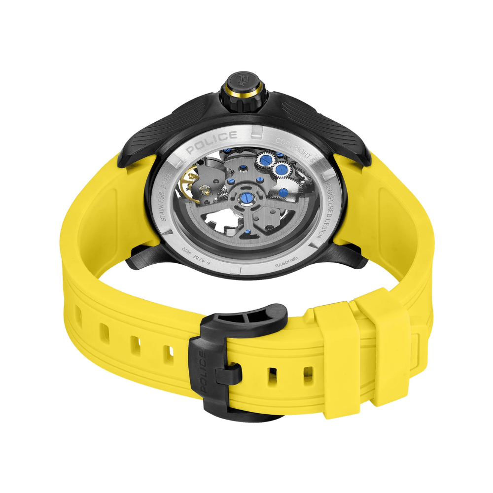 Police Spirit PEWGR0097805 Men's Automatic Skeleton Watch Yellow Silicone Strap