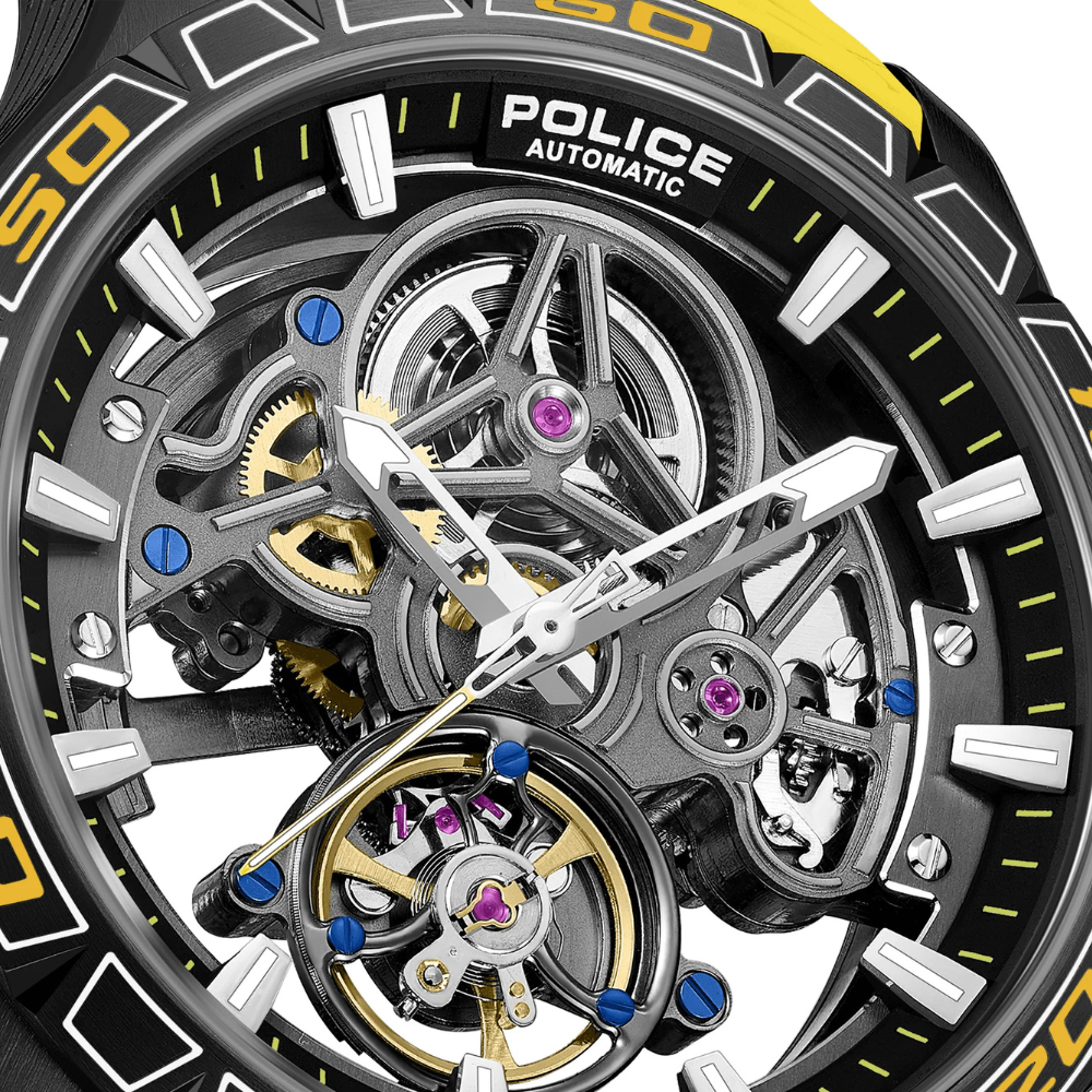 Police Spirit PEWGR0097805 Men's Automatic Skeleton Watch Yellow Silicone Strap